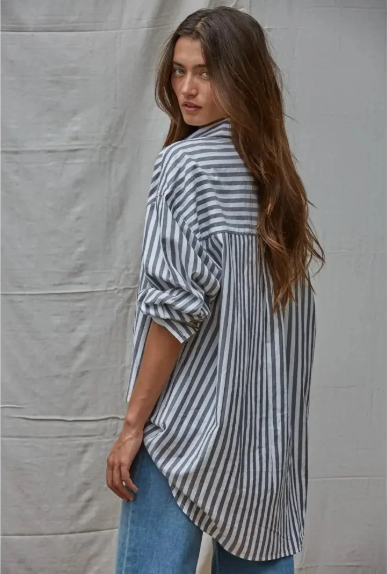WOVEN COTTON STRIPED OVERSIZED SHIRT- IVORY NAVY