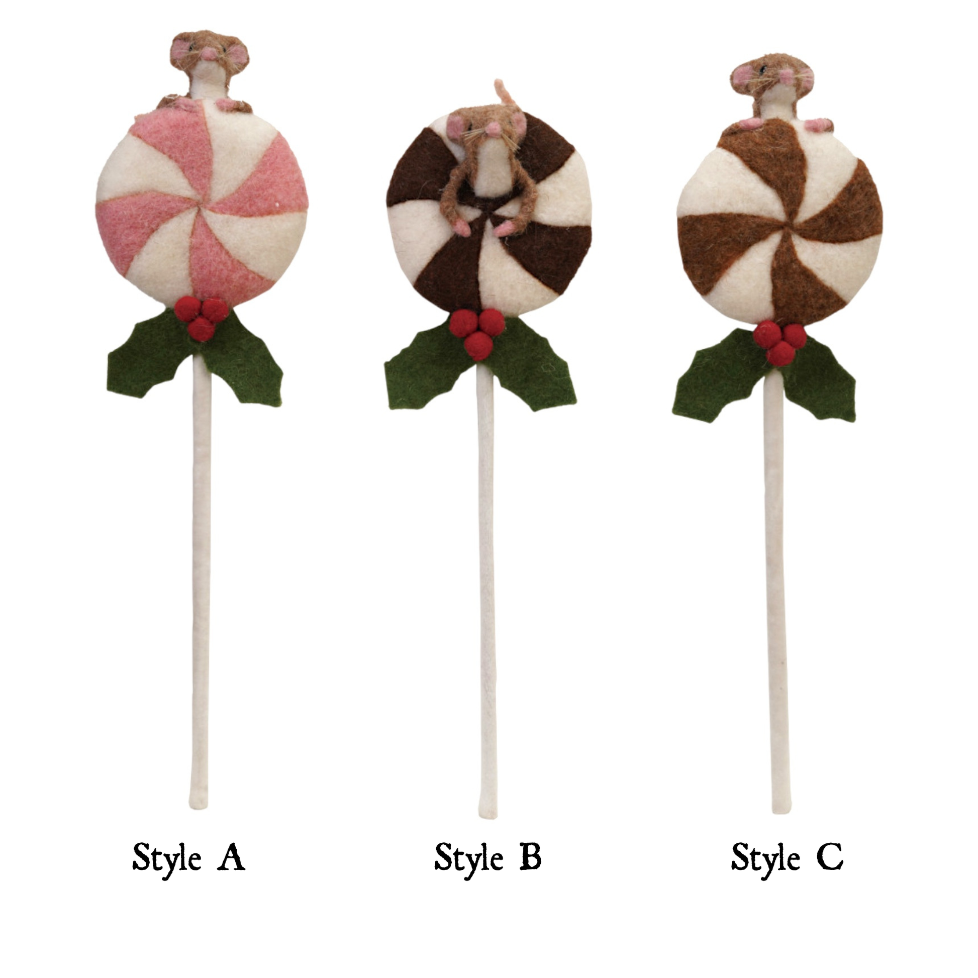 Handmade Wool Felt Lollipop with Mouse & Holly