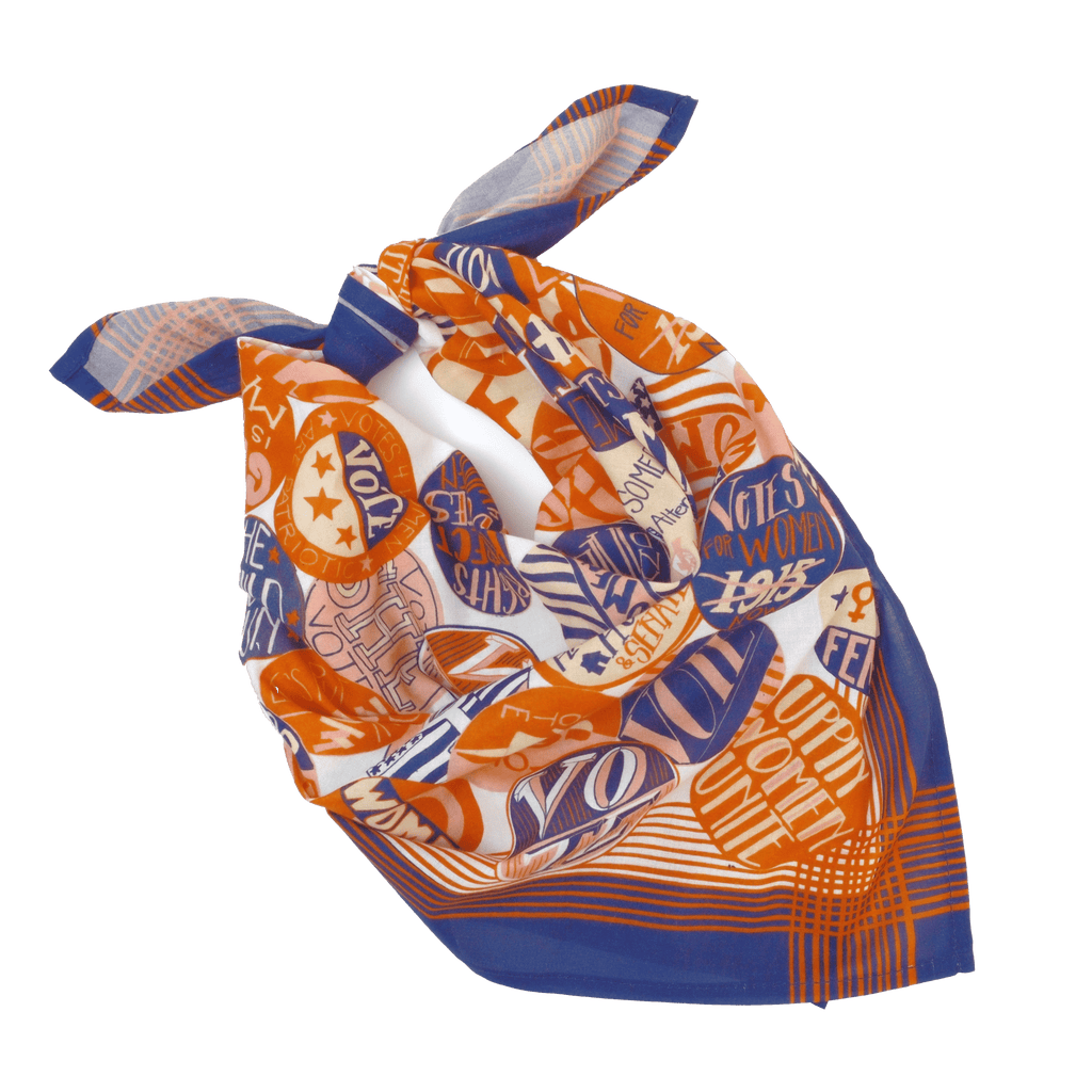Colorful patterned bandana with text and graphics on a white background