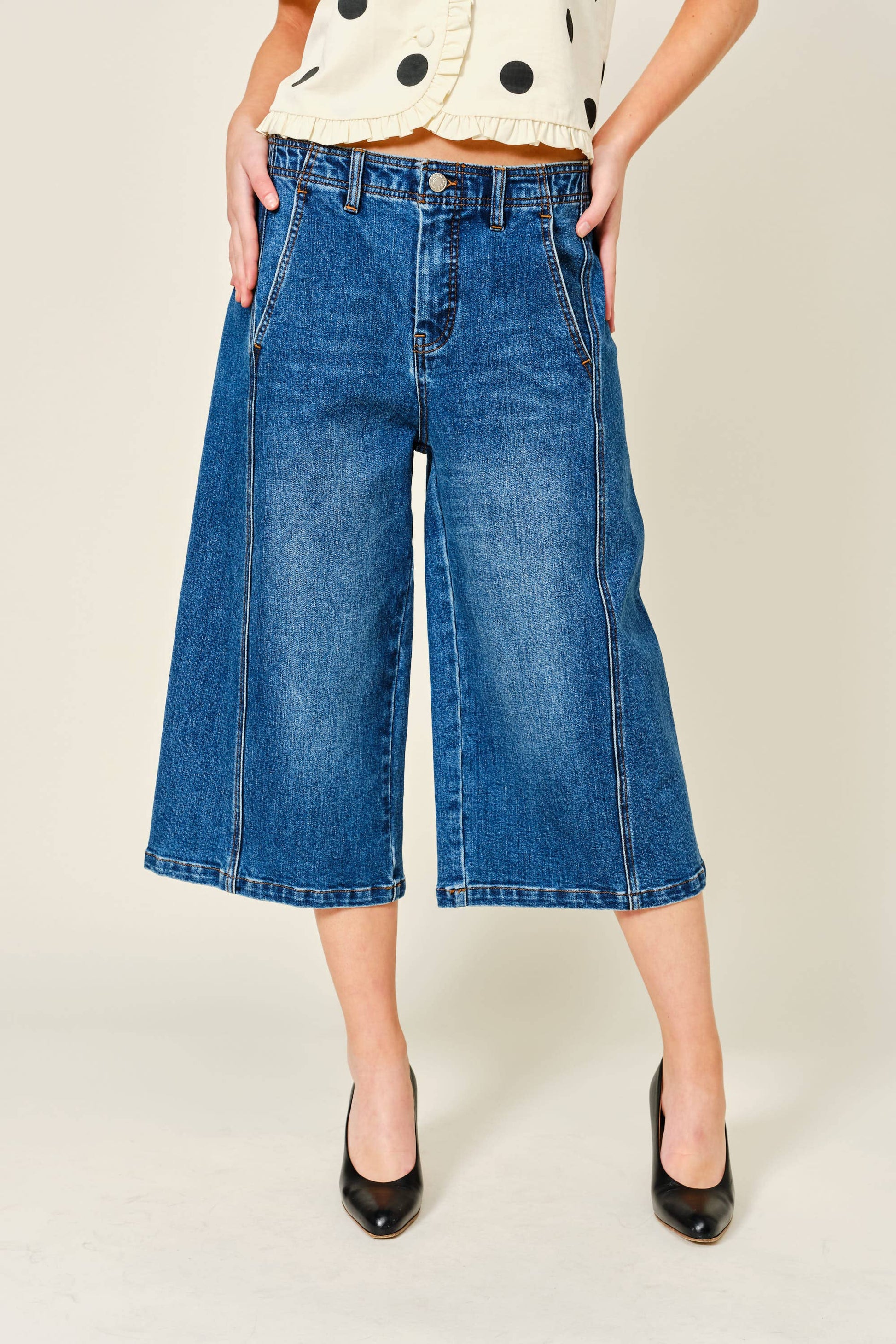 Blue wide leg cropped denim jeans