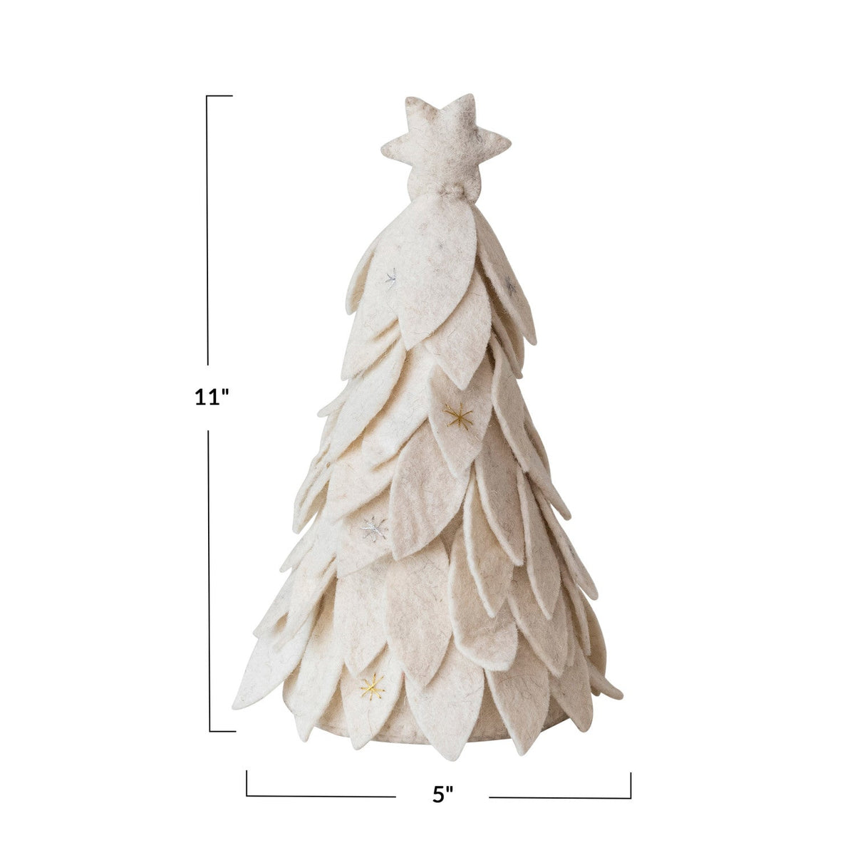 Cream Handmade Wool Felt Christmas Trees with Star & Gold Jingle Bells