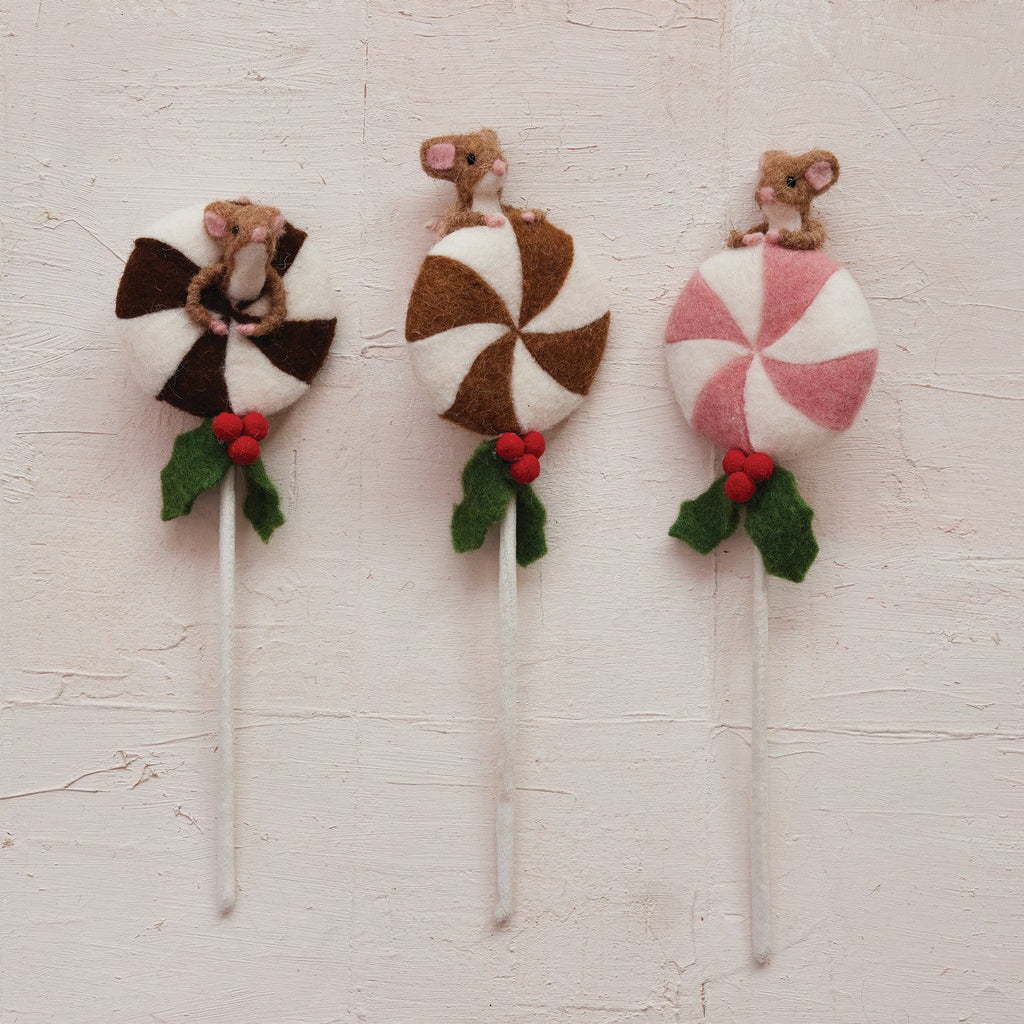 Handmade Wool Felt Lollipop with Mouse & Holly
