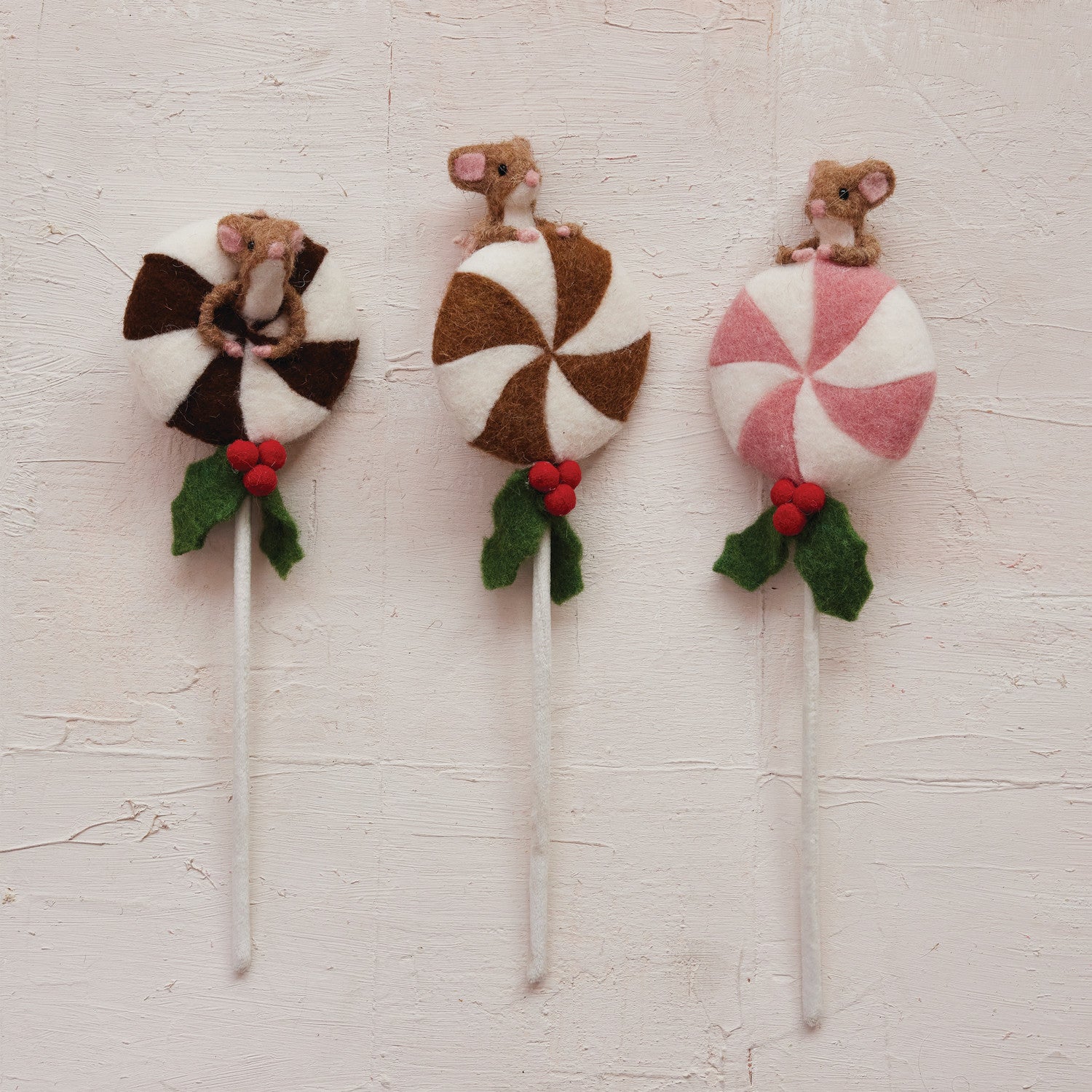 Handmade Wool Felt Lollipop with Mouse & Holly