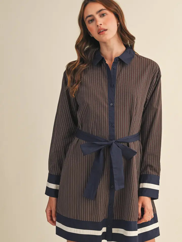 Striped Button Down Belted Mini Dress