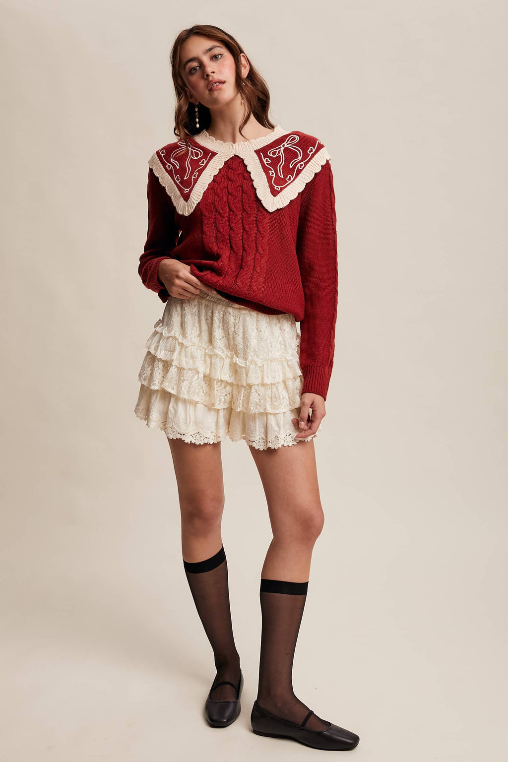 Bow Embroidered Cable Knit Sweater LSW0975