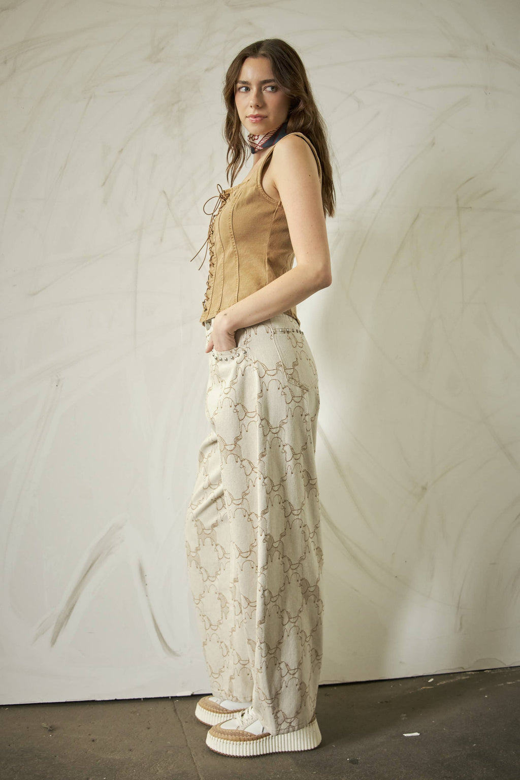Horse Pattern Studded Baggy Pants