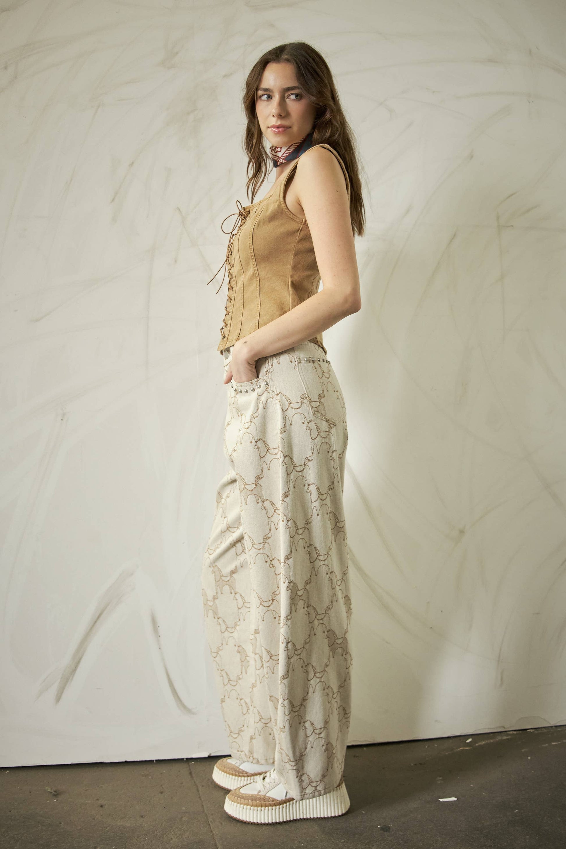Horse Pattern Studded Baggy Pants