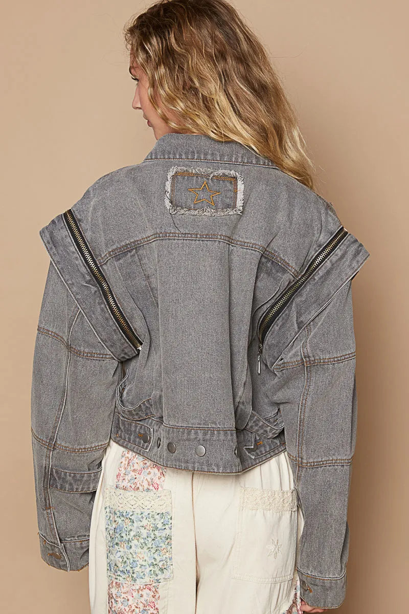 Cropped Denim Jacket with Functional Zipper Detail