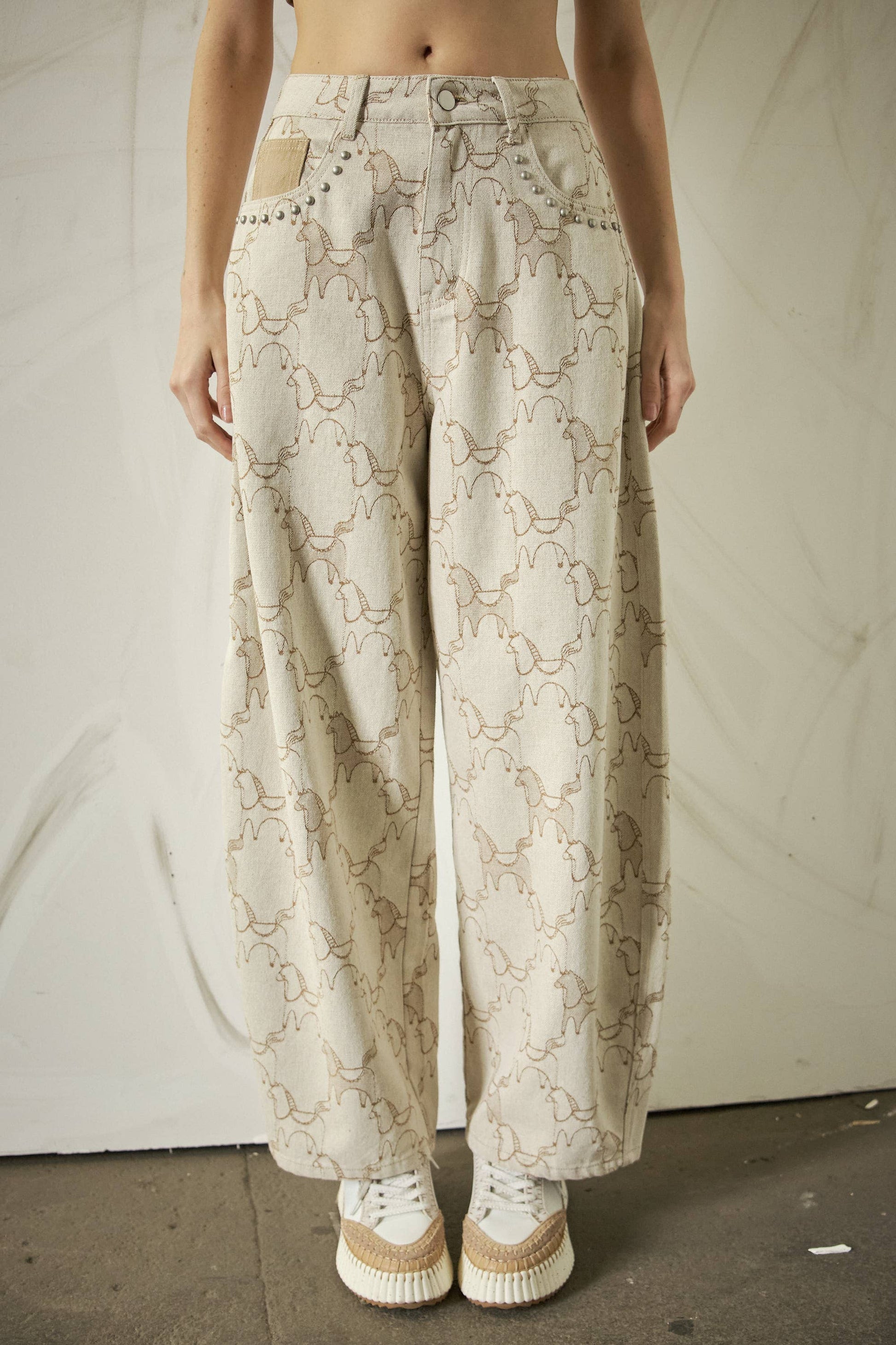 Horse Pattern Studded Baggy Pants