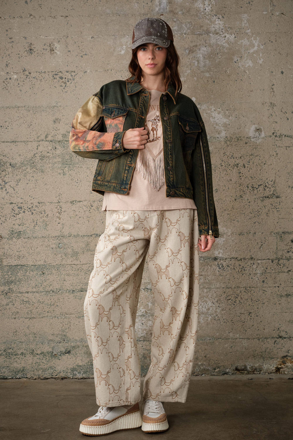 Horse Pattern Studded Baggy Pants