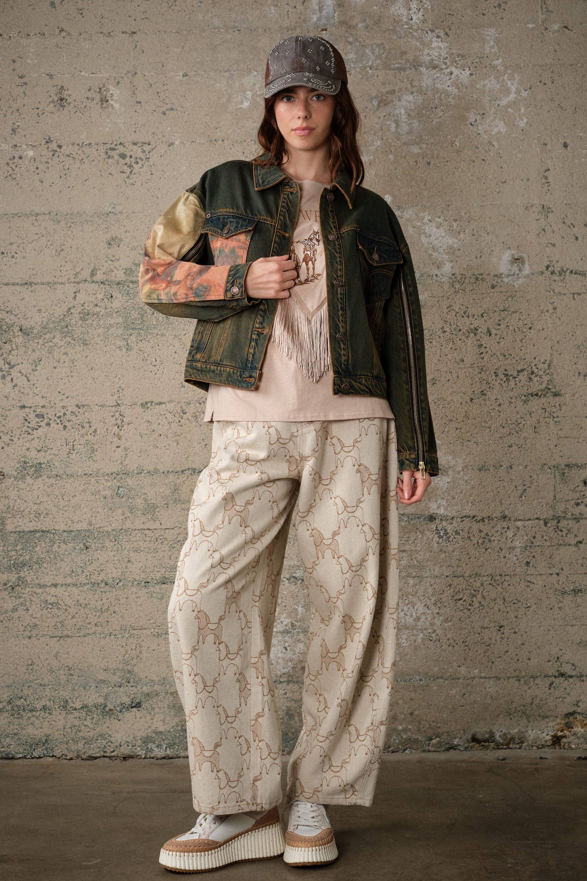 Horse Pattern Studded Baggy Pants