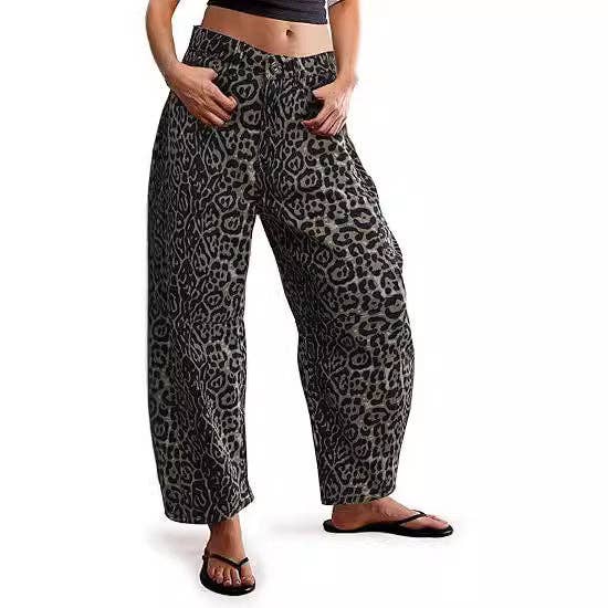 Leopard Print Loose Midi Waist Wide Leg Jeans DP25A479
