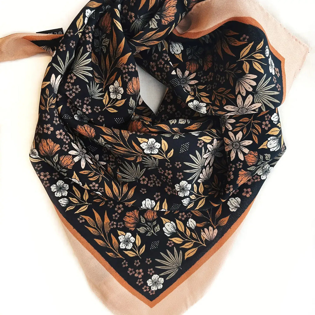 Midnight Garden Silk Bandana Scarf 23" Floral Accessory