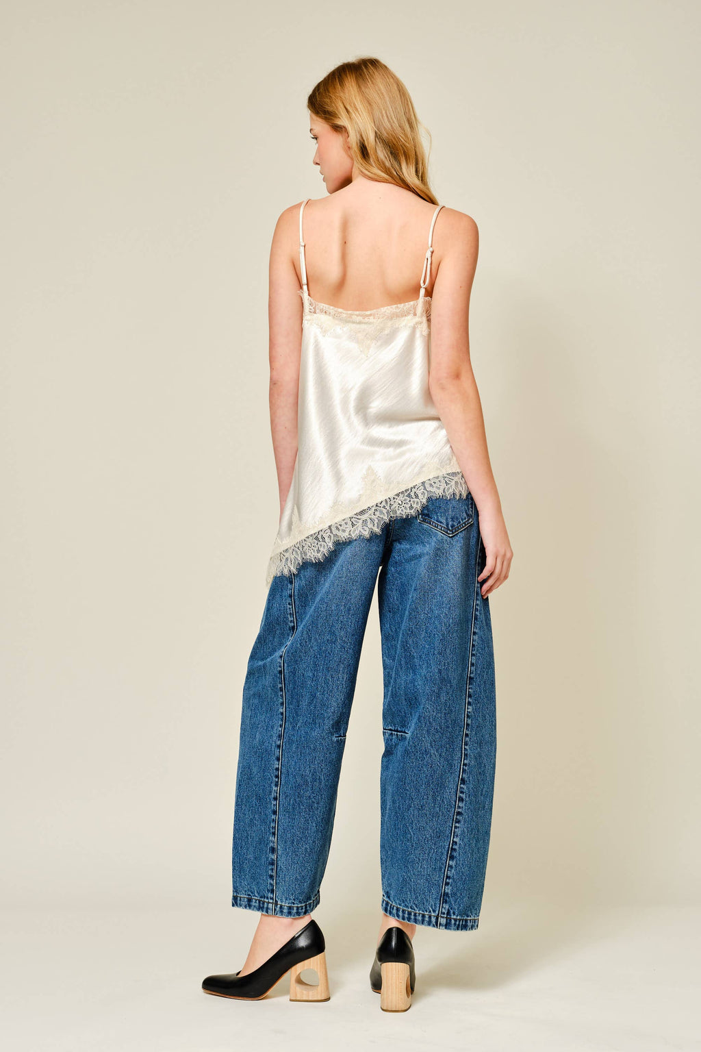 Aaron & Amber Champagne Satin Lace Top - Asymmetrical Cami