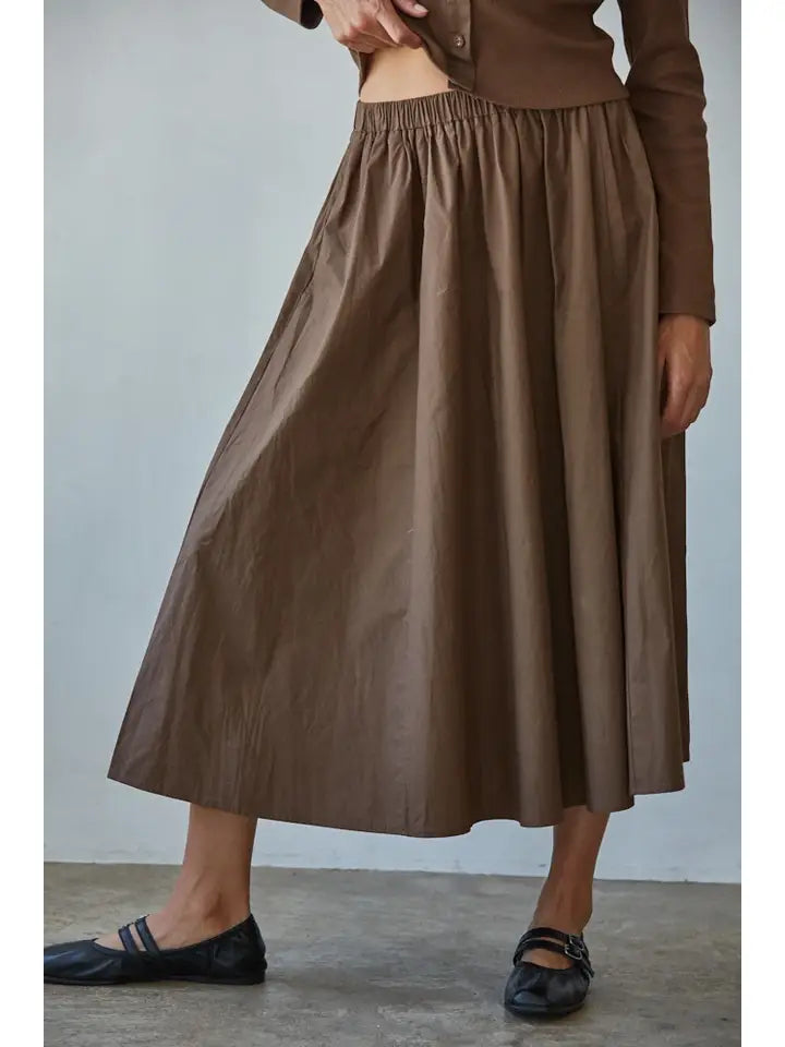 Woven Cotton Elastic Waist Flare Midi Skirt