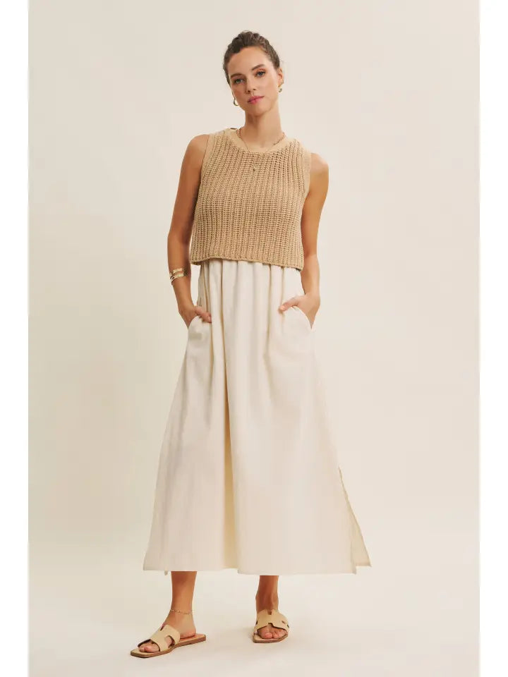 CHUNKY SWEATER TWOFER MIDI DRESS LATTE/CREAM