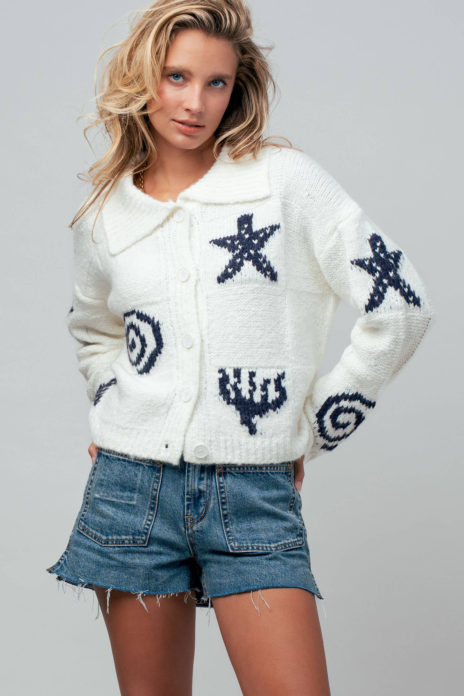 Nautical Sea Life Motif Collared Cardigan