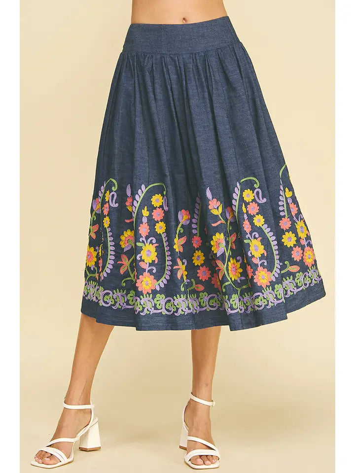 FLARED DENIM SKIRT WITH FLORAL EMBROIDERY