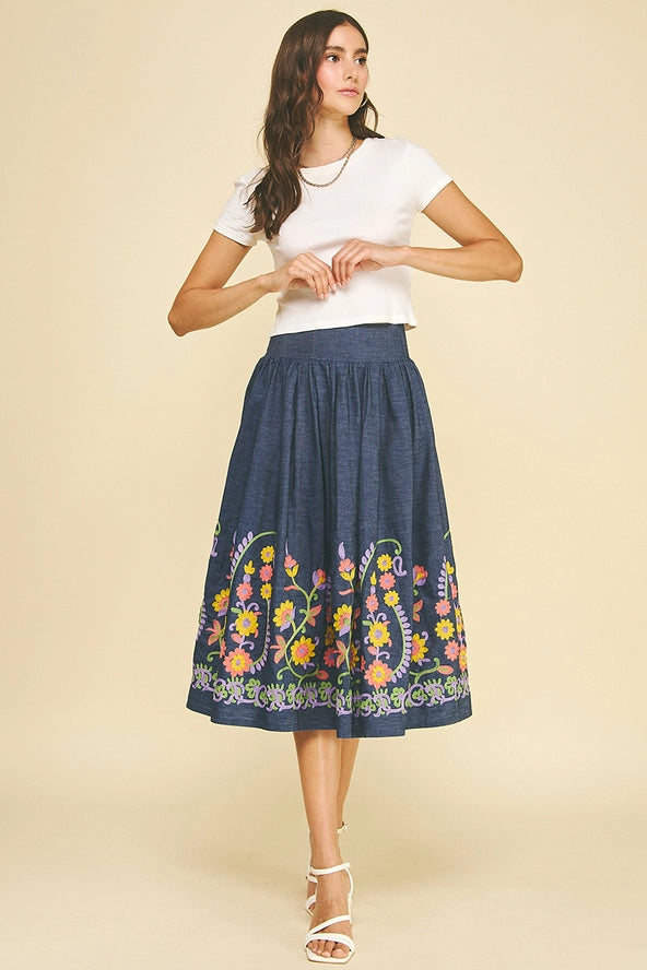 FLARED DENIM SKIRT WITH FLORAL EMBROIDERY