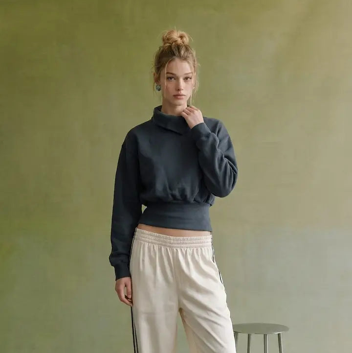 Asymmetric Collar Balloon Sleeve Sweatshirt