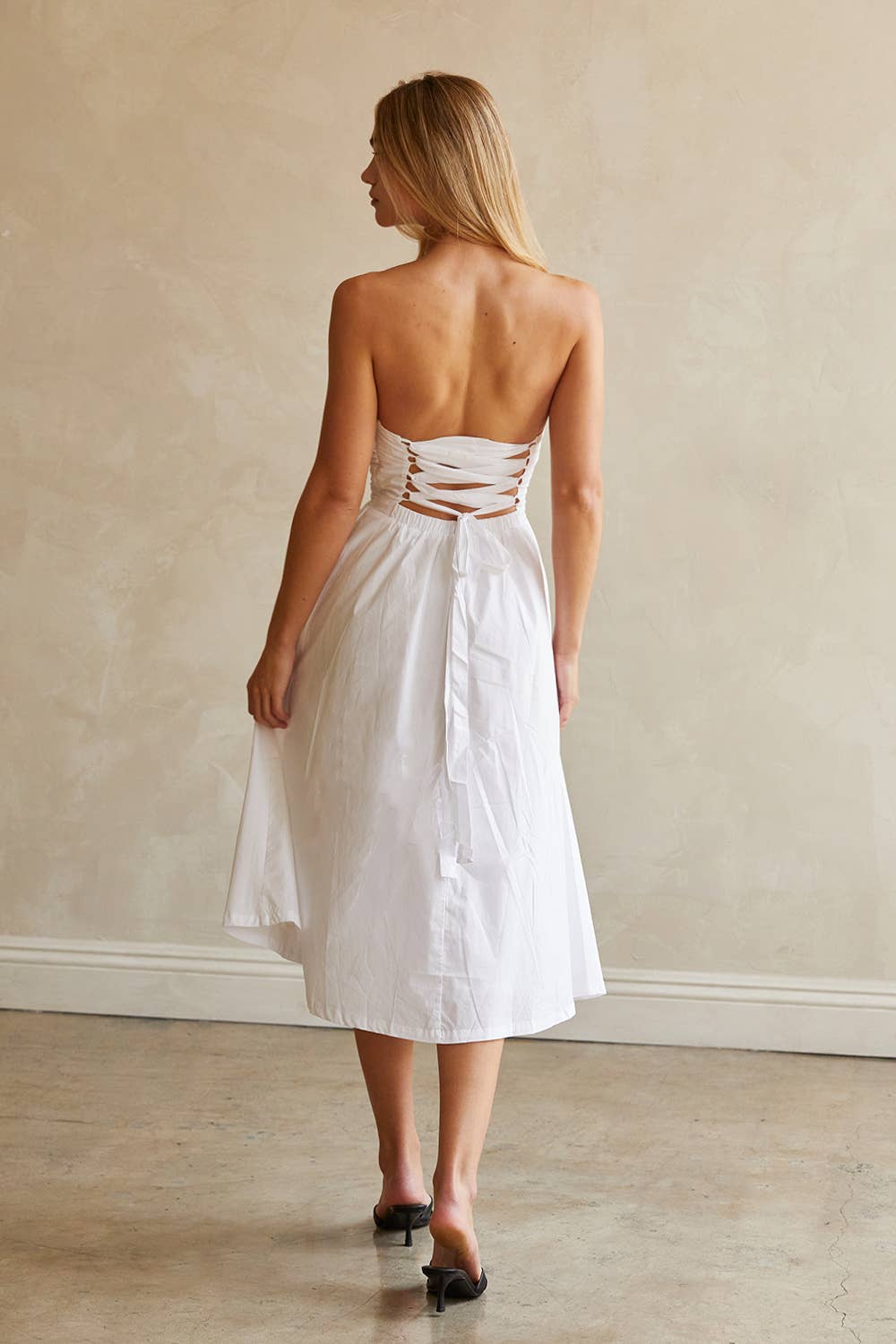 Kate Fit And Flare Back Tie Midi Dress - WHITE