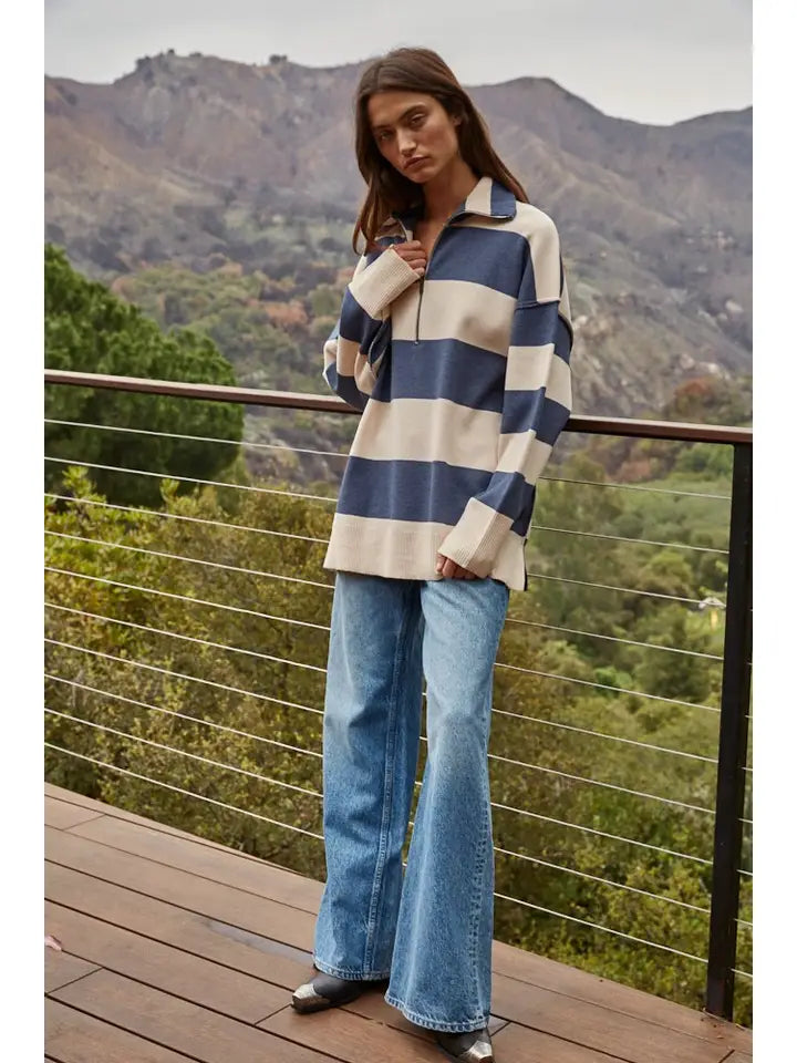 KNIT STRIPED TURTLENECK HALF ZIP UP TOP