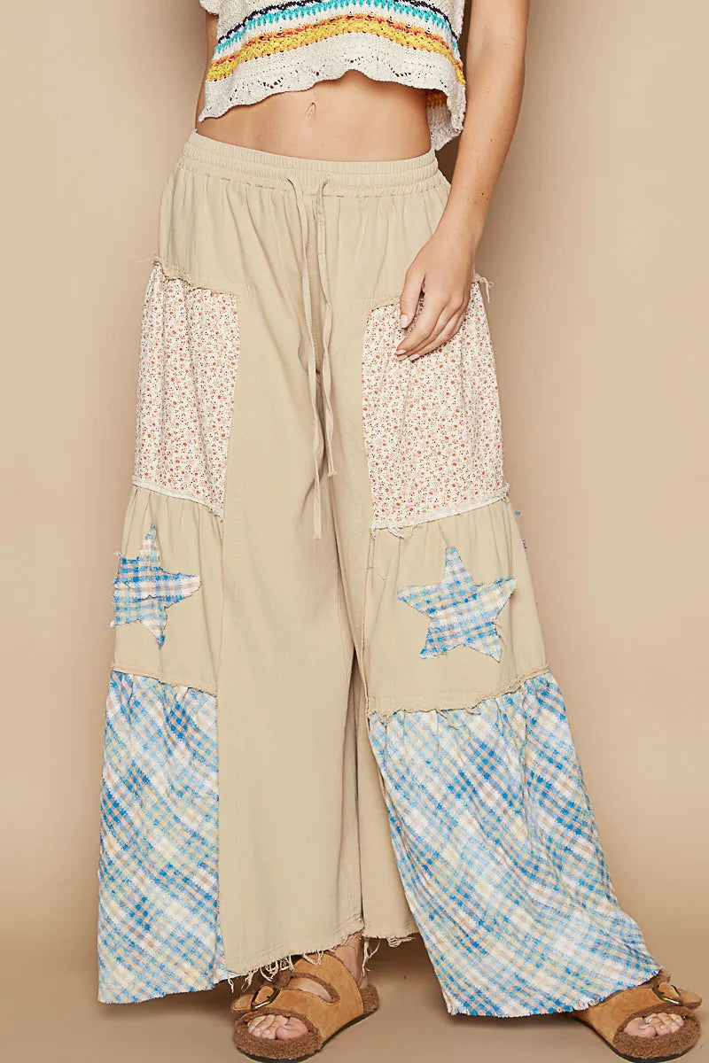 Drawstring Star Patch Contrast Wide Leg Pants