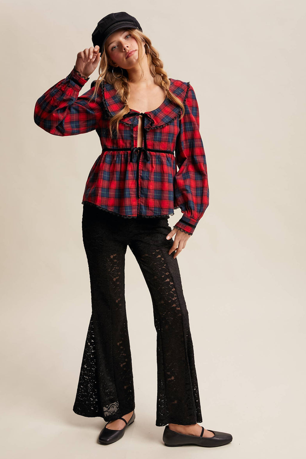 Plaid Velvet Trim Holiday Blouse LT1446