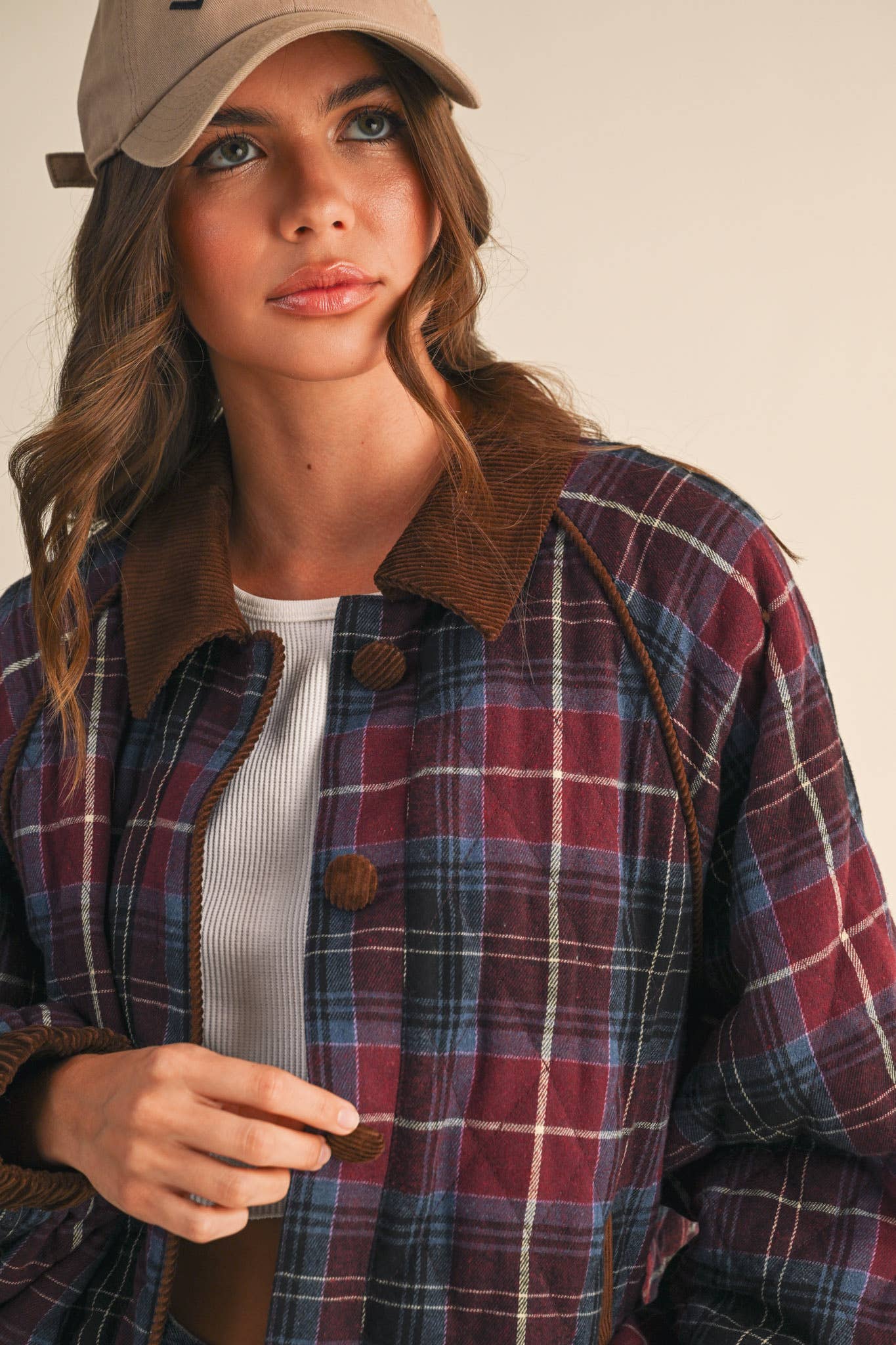 PLAID QUILTED JACKET WITH CONTRAST CORDUROY DETAIL MJK4115
