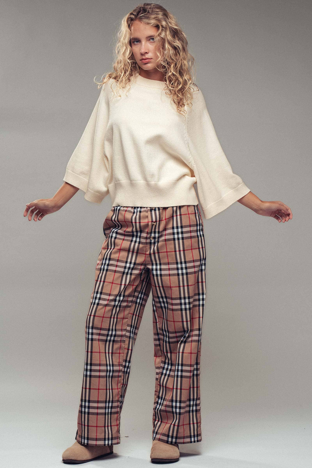 Plaid Barrel-Leg Drop Waist Pants