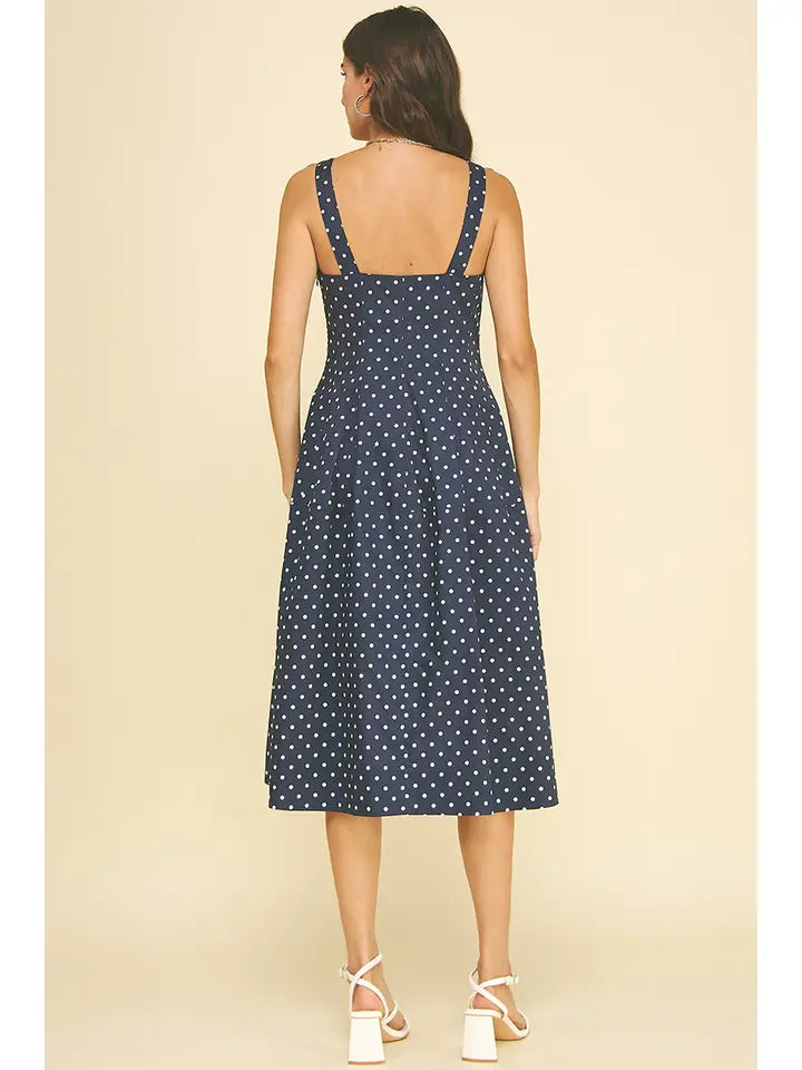 PINCH Polka Dot Flared Midi Dress - Navy & White A-Line Summer Gown