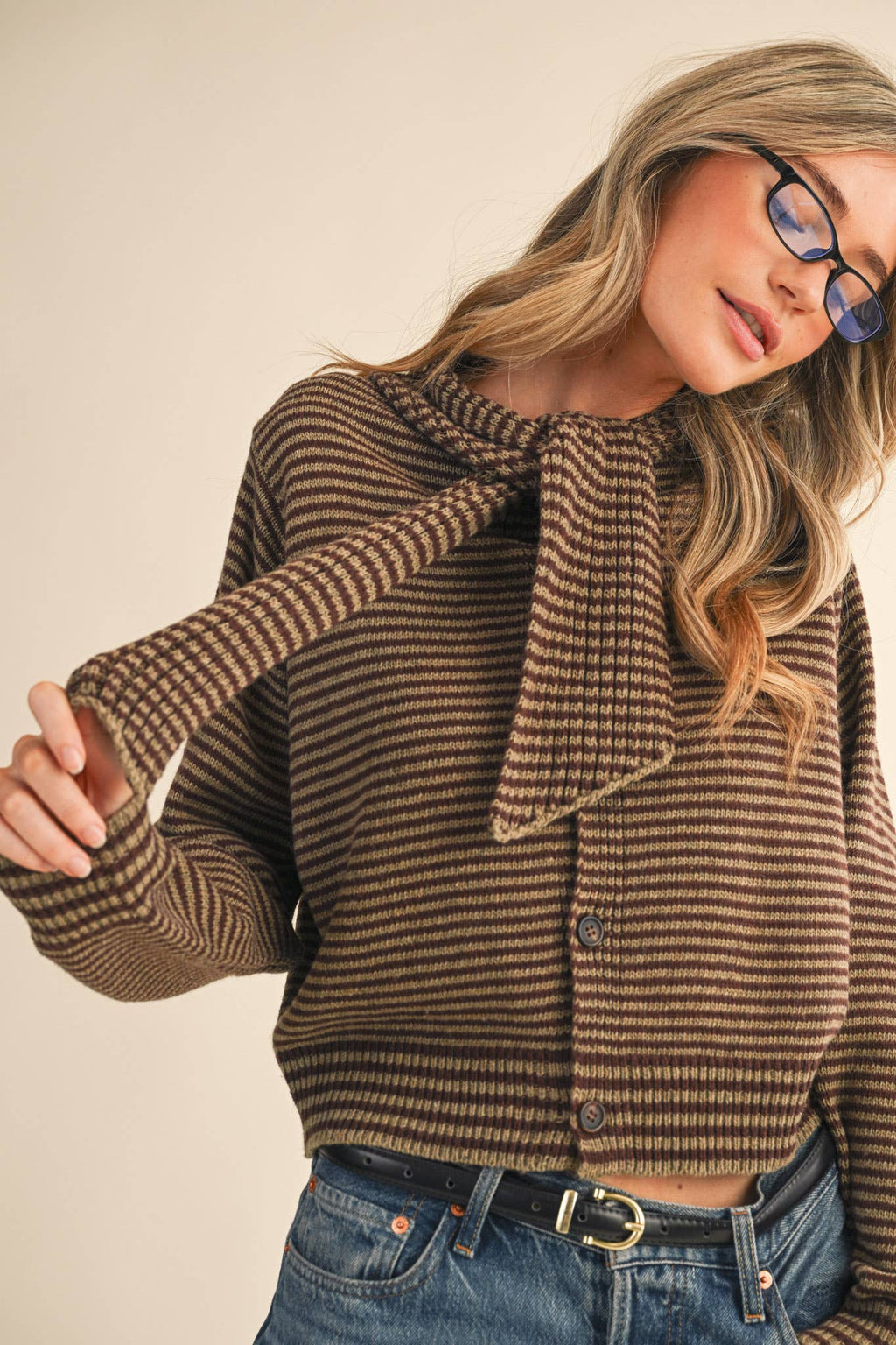 STRIPED TYING NECK SWEATER CARDIGAN MSW11125