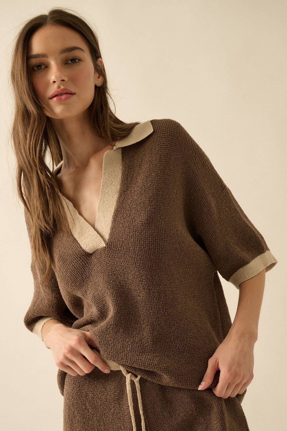 Solid Knit Contrast Short-Sleeve Polo Sweater