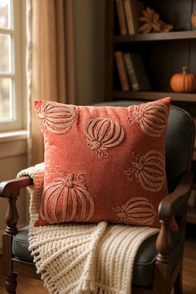 Auburn Pumpkin Embroidered Velvet Pillow