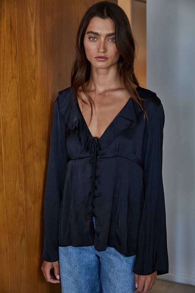 L8676 | Woven Polyester Ruffled Button Down Blouse Top