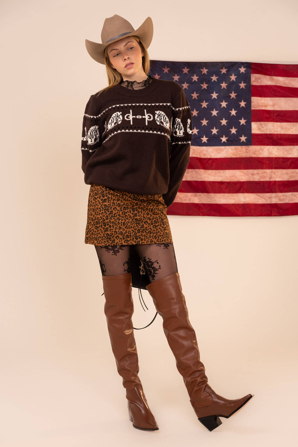 Horse Pattern Crew Neck Western Sweater