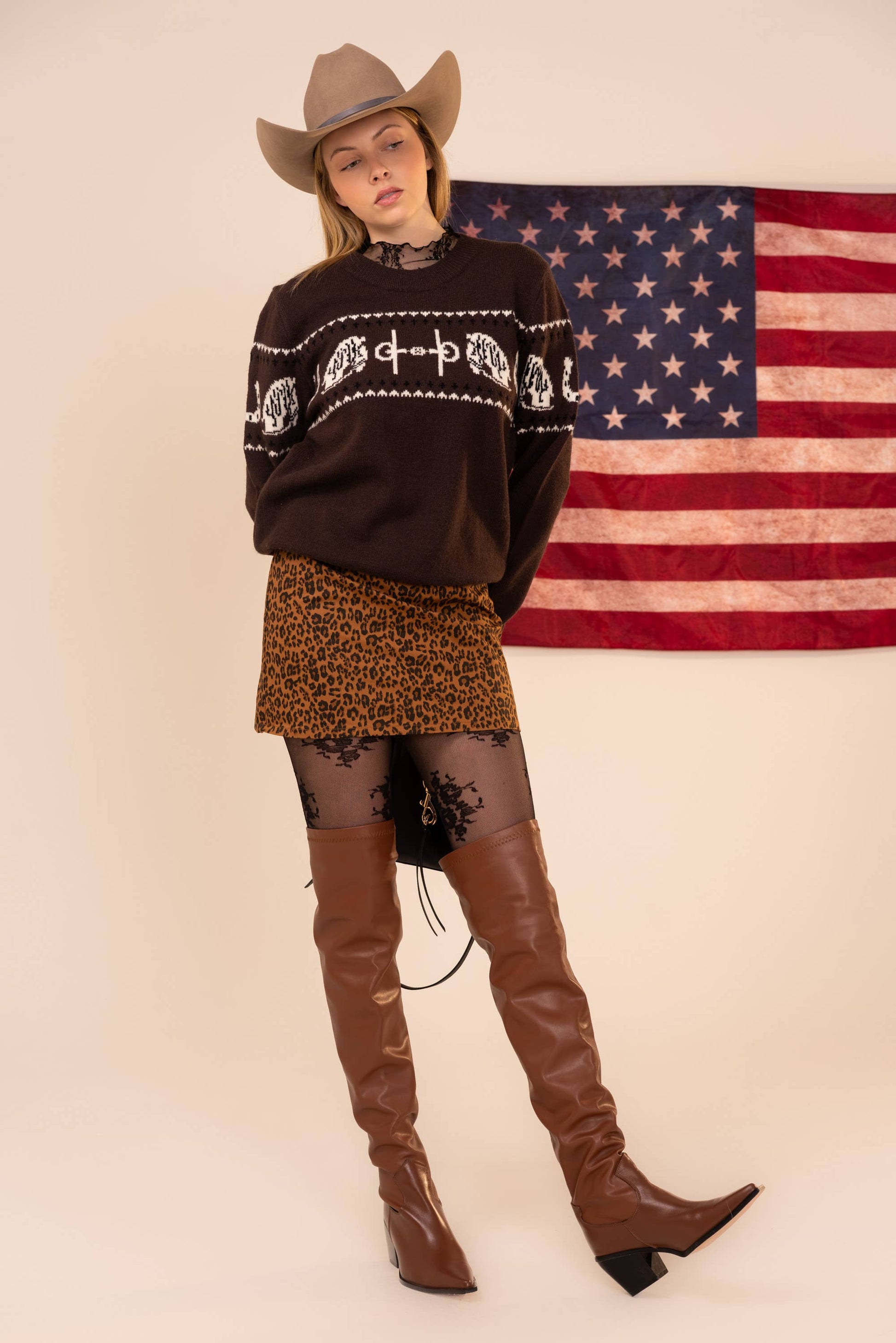 Horse Pattern Crew Neck Western Sweater