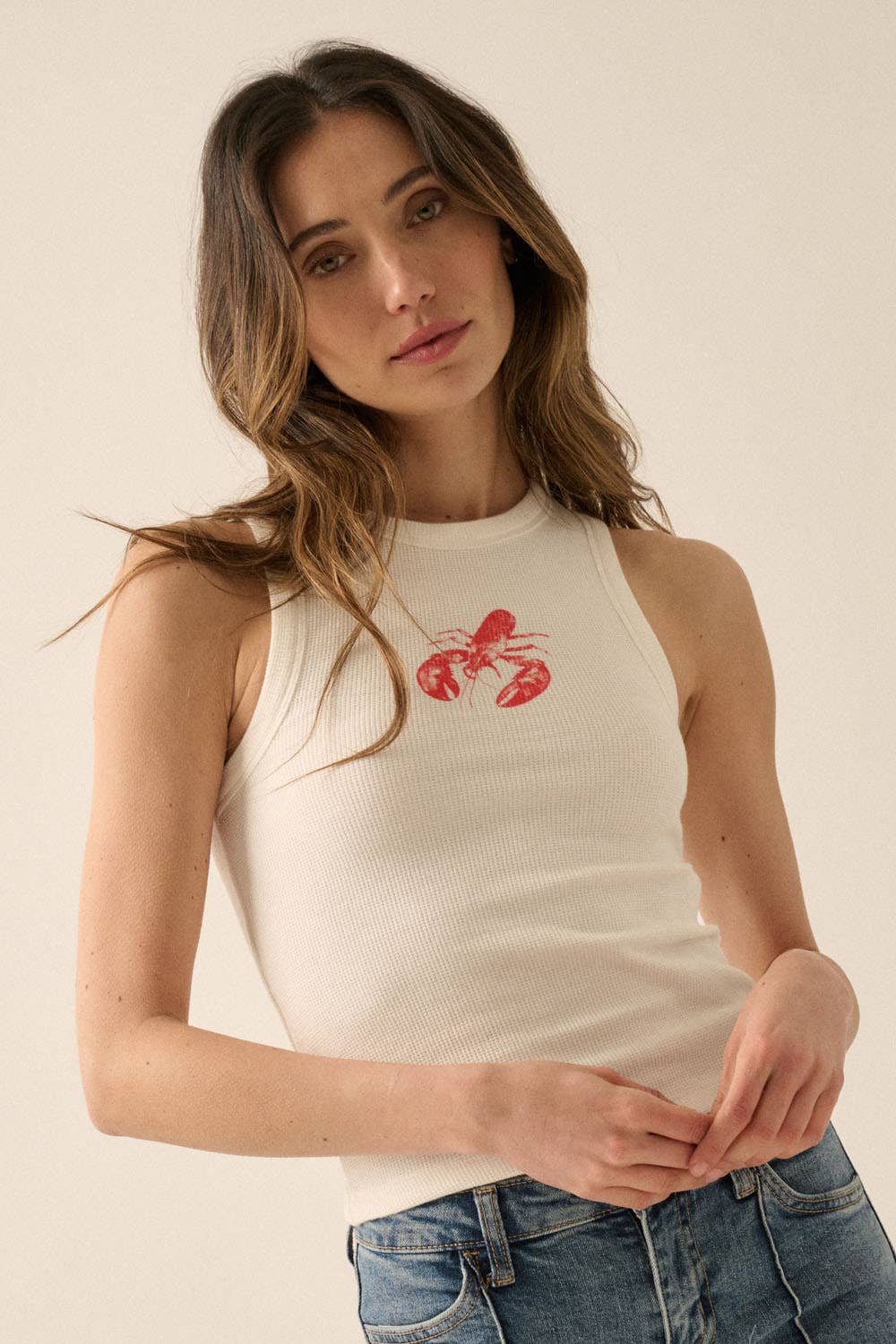 Promesa USA Lobster Graphic Tank Top - Ivory Waffle Knit Racerback