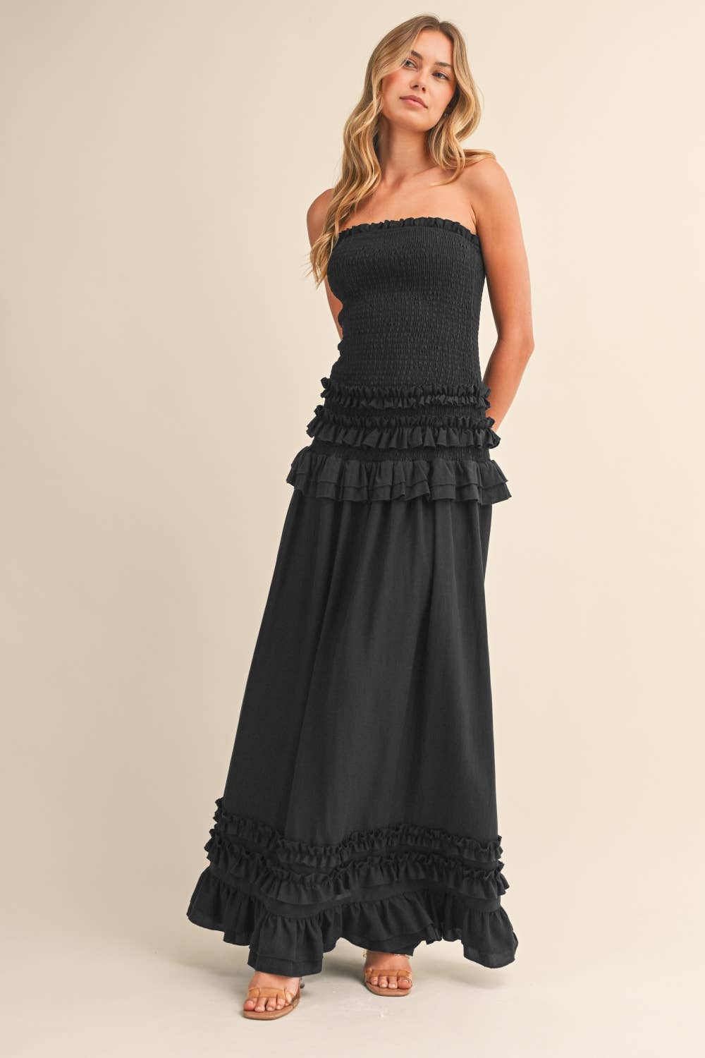 RUFFLED SMOCKED LOW WAIST MAXI DRESS