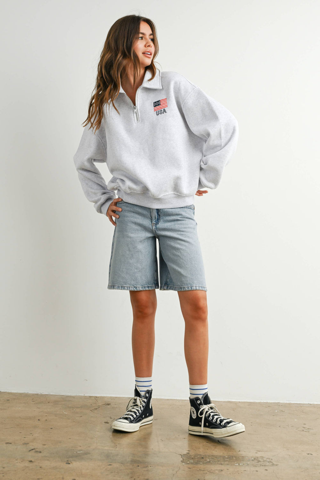 Loose Collared American Flag Icon Quarter-Zip Top
