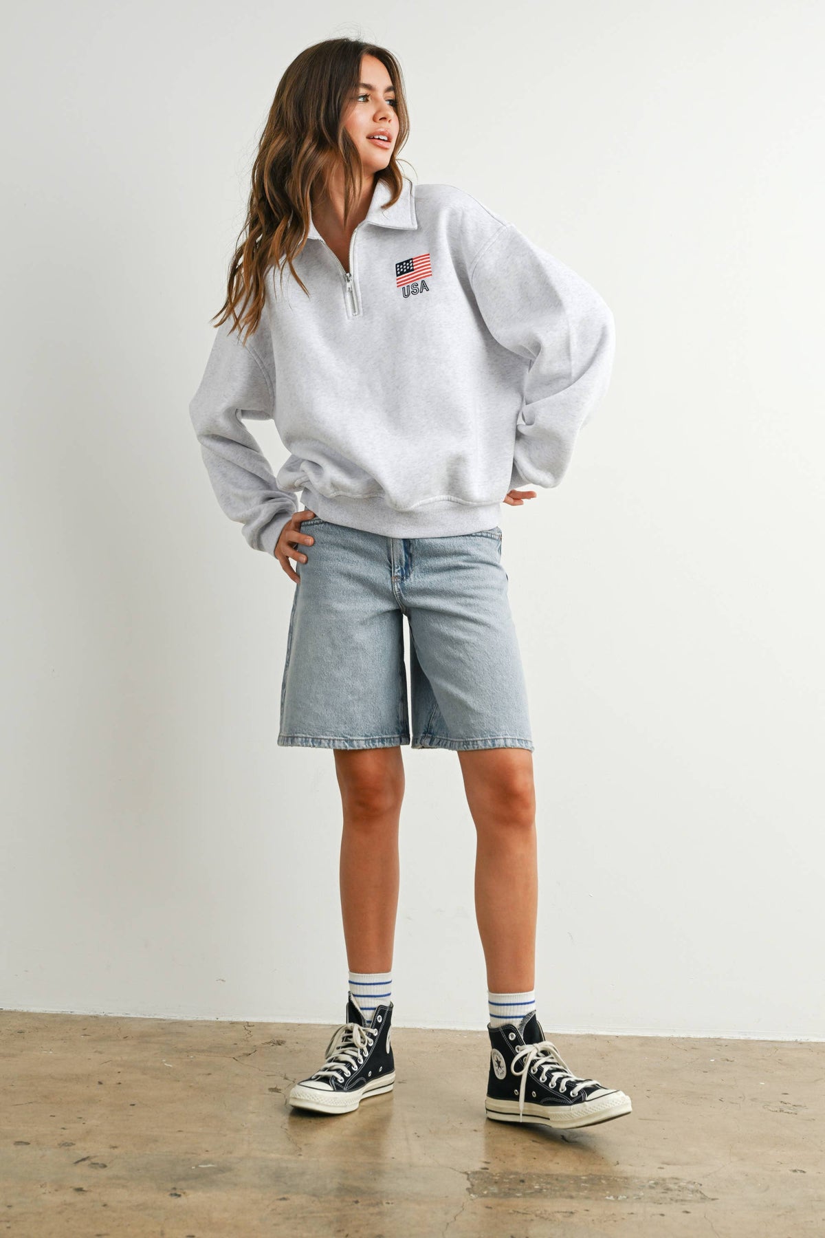 Loose Collared American Flag Icon Quarter-Zip Top