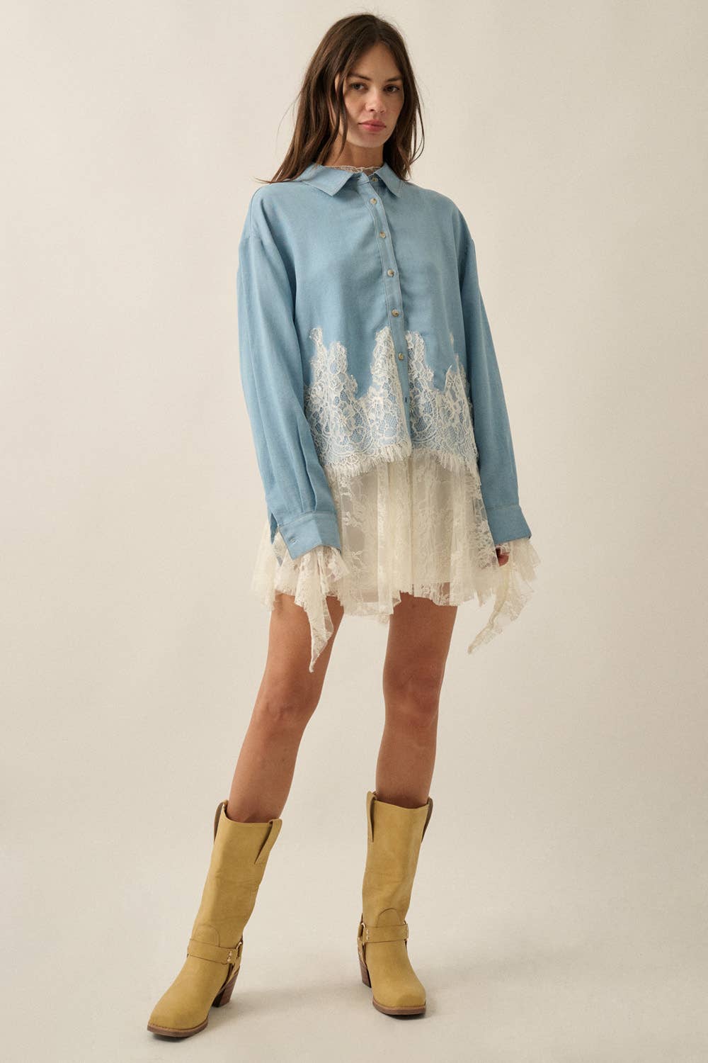 Tencel Lace Appliqué Loose-Fit Button-Up Shirt