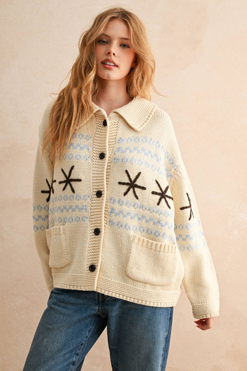 SNOW FLAKE PATTERN BUTTON FRONT SWEATER JACKET