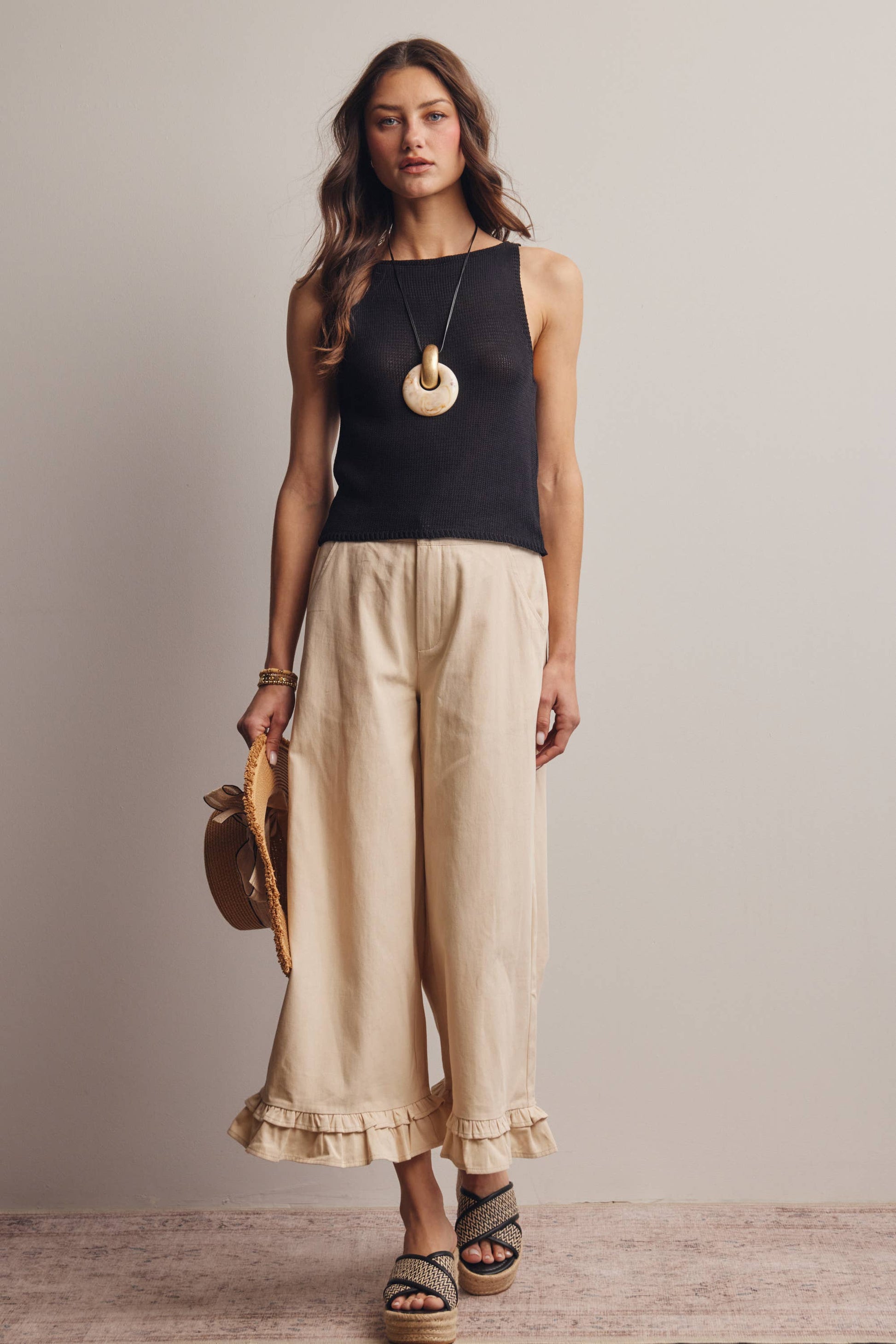 Ruffle Hem Wide-Leg Pants