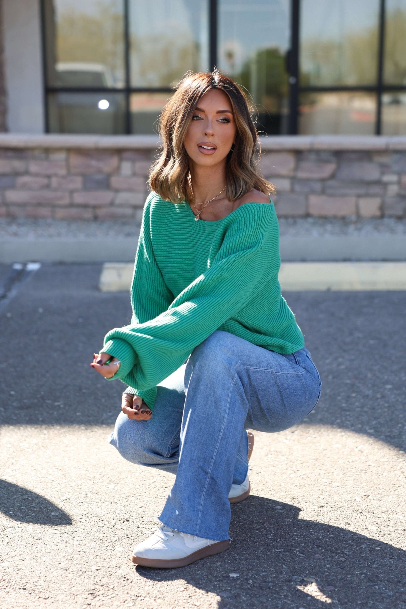 Avery Ribbed Boat Neck Sweater - Green - DOORBUSTER