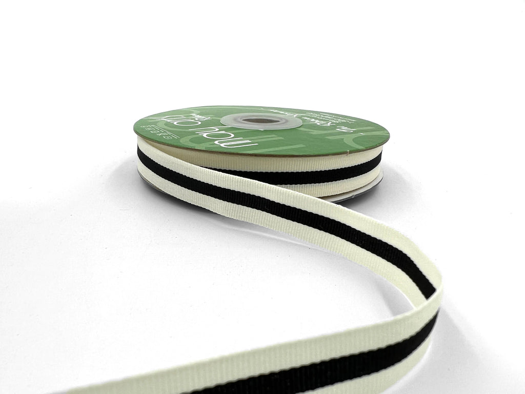 5/8" Ivory & Black Woven Modern Stripe Grosgrain Ribbon