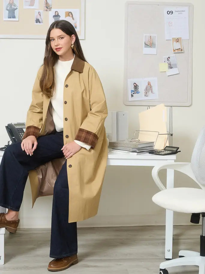 CORDUROY COLLAR PLAID SLEEVE BUTTON DOWN COAT