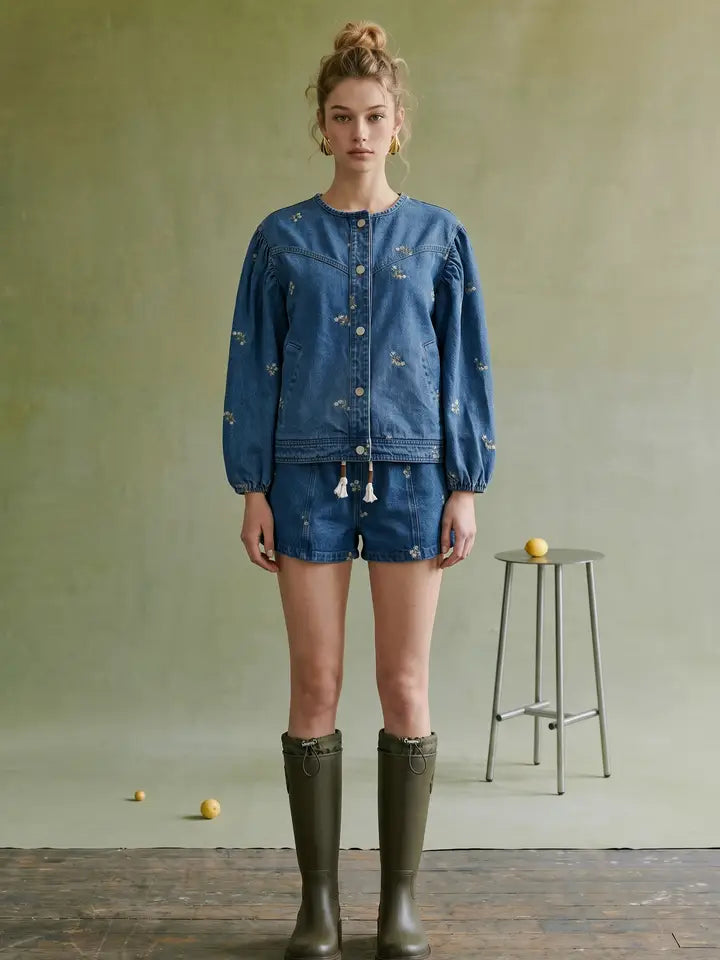 Washed Denim With Embroidered Puff Sleeve Round Neck