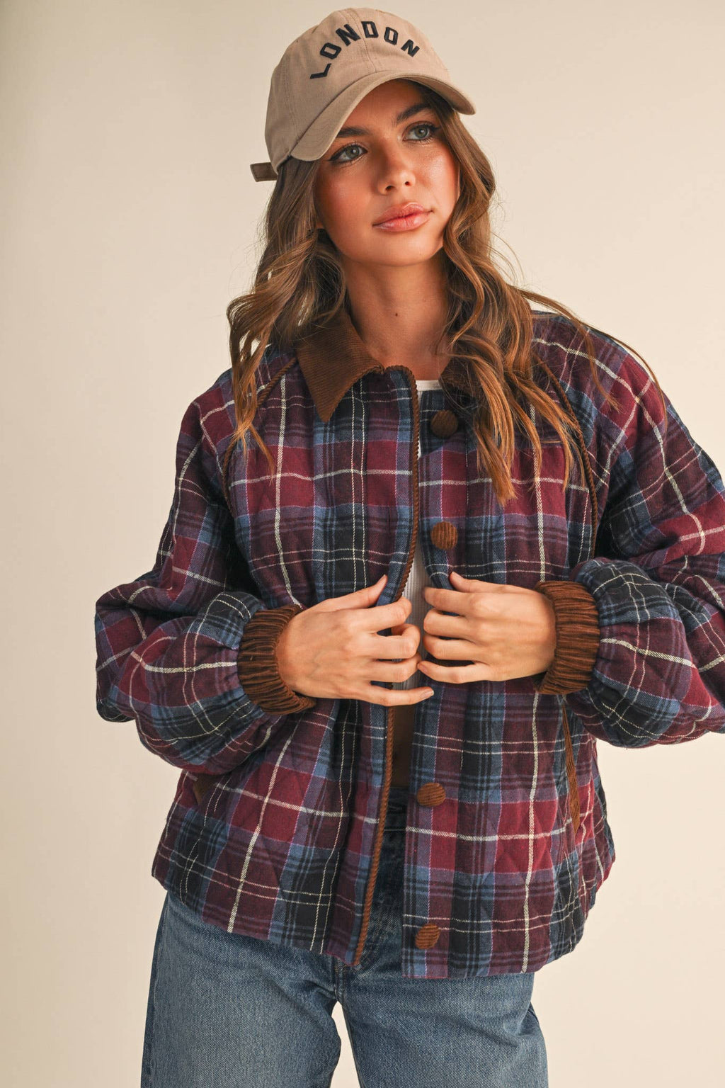 PLAID QUILTED JACKET WITH CONTRAST CORDUROY DETAIL MJK4115