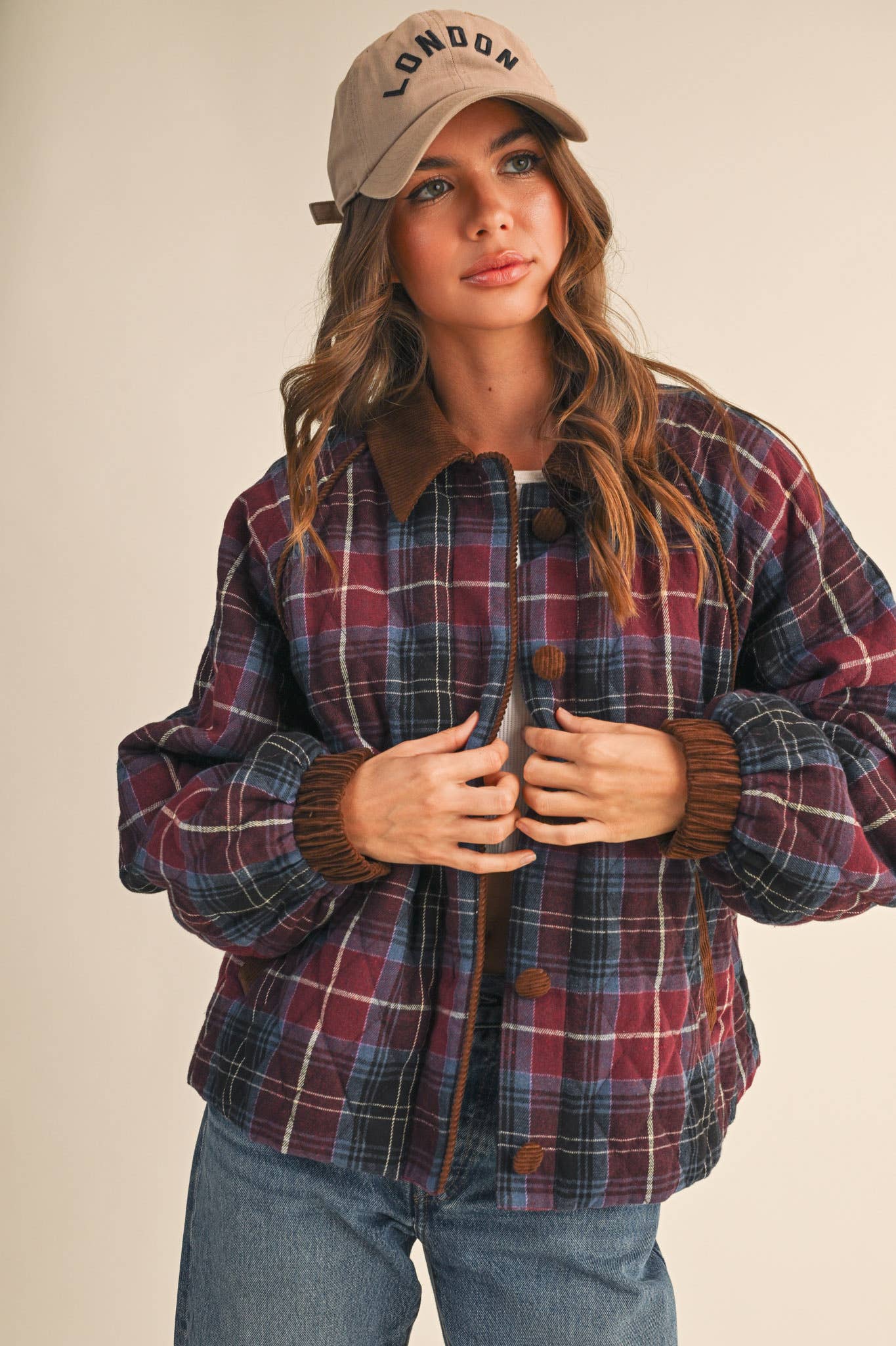 PLAID QUILTED JACKET WITH CONTRAST CORDUROY DETAIL MJK4115